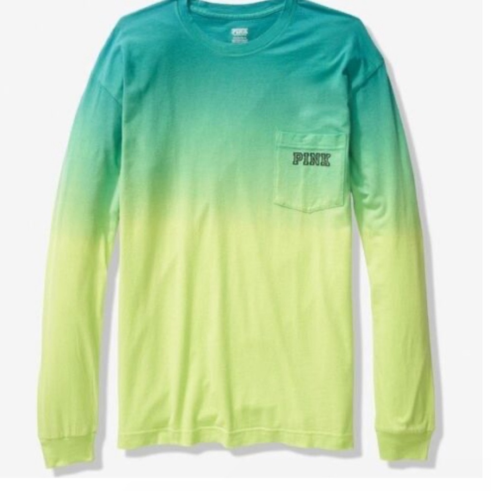 Victoria’s Secret PINK Blue & Green Ombré Long Sleeve Campus Pocket T-SHIRT